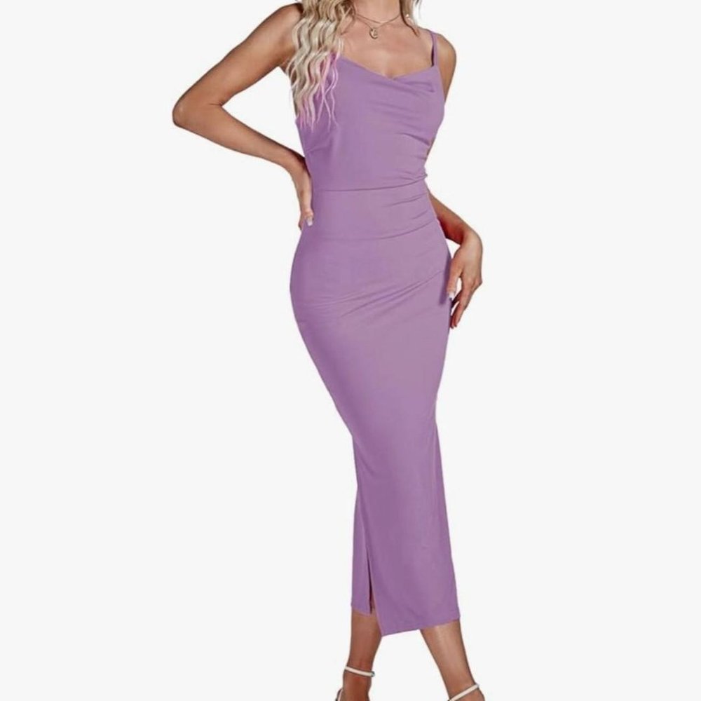 Lavender Ribbed Cowel Neck Midi Dress